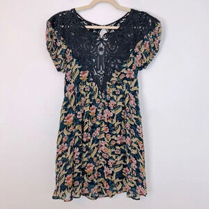 Free People Margot Crochet Babydoll Puff Sleeve Floral Chiffon Mini Dress XS